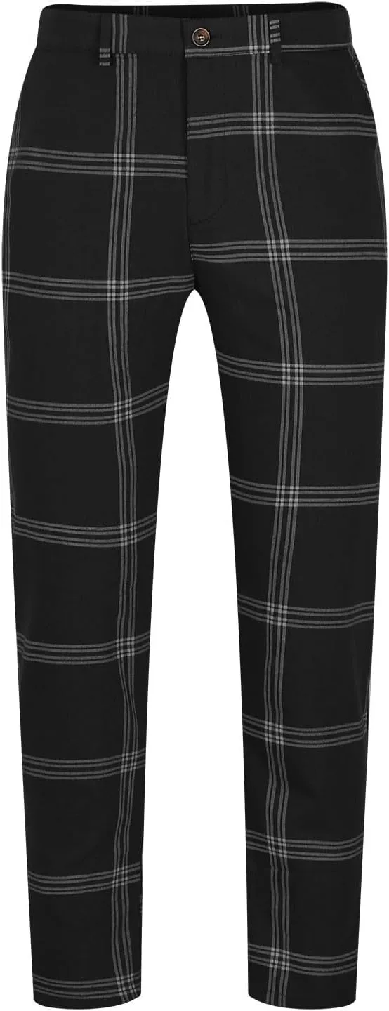 Mens Dress Pants Slim Fit Stretch Fashion Plaid Pant Skinny Leg Striped Button Work Pants Straight Casual Pants