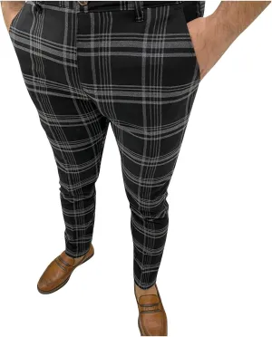 Mens Dress Pants Slim Fit Stretch Fashion Plaid Pant Skinny Leg Striped Button Work Pants Straight Casual Pants