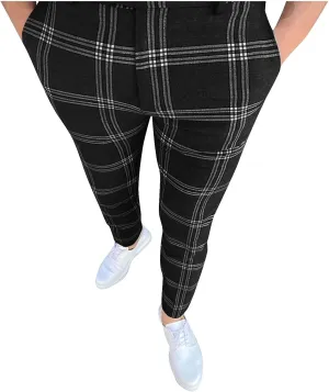 Mens Dress Pants Slim Fit Stretch Fashion Plaid Pant Skinny Leg Striped Button Work Pants Straight Casual Pants