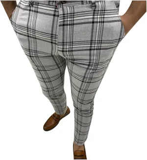 Mens Dress Pants Slim Fit Stretch Fashion Plaid Pant Skinny Leg Striped Button Work Pants Straight Casual Pants