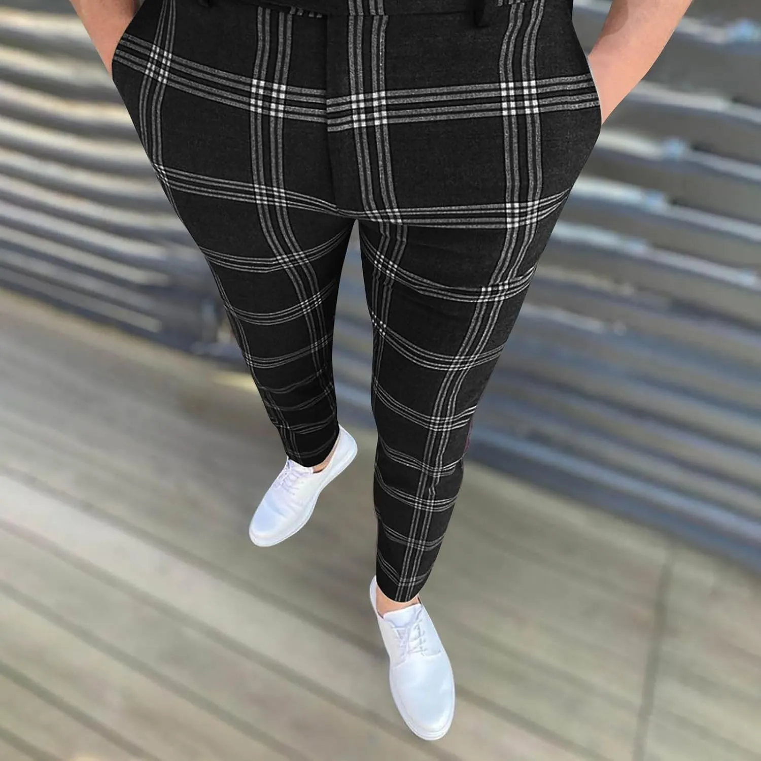Mens Dress Pants Slim Fit Stretch Fashion Plaid Pant Skinny Leg Striped Button Work Pants Straight Casual Pants