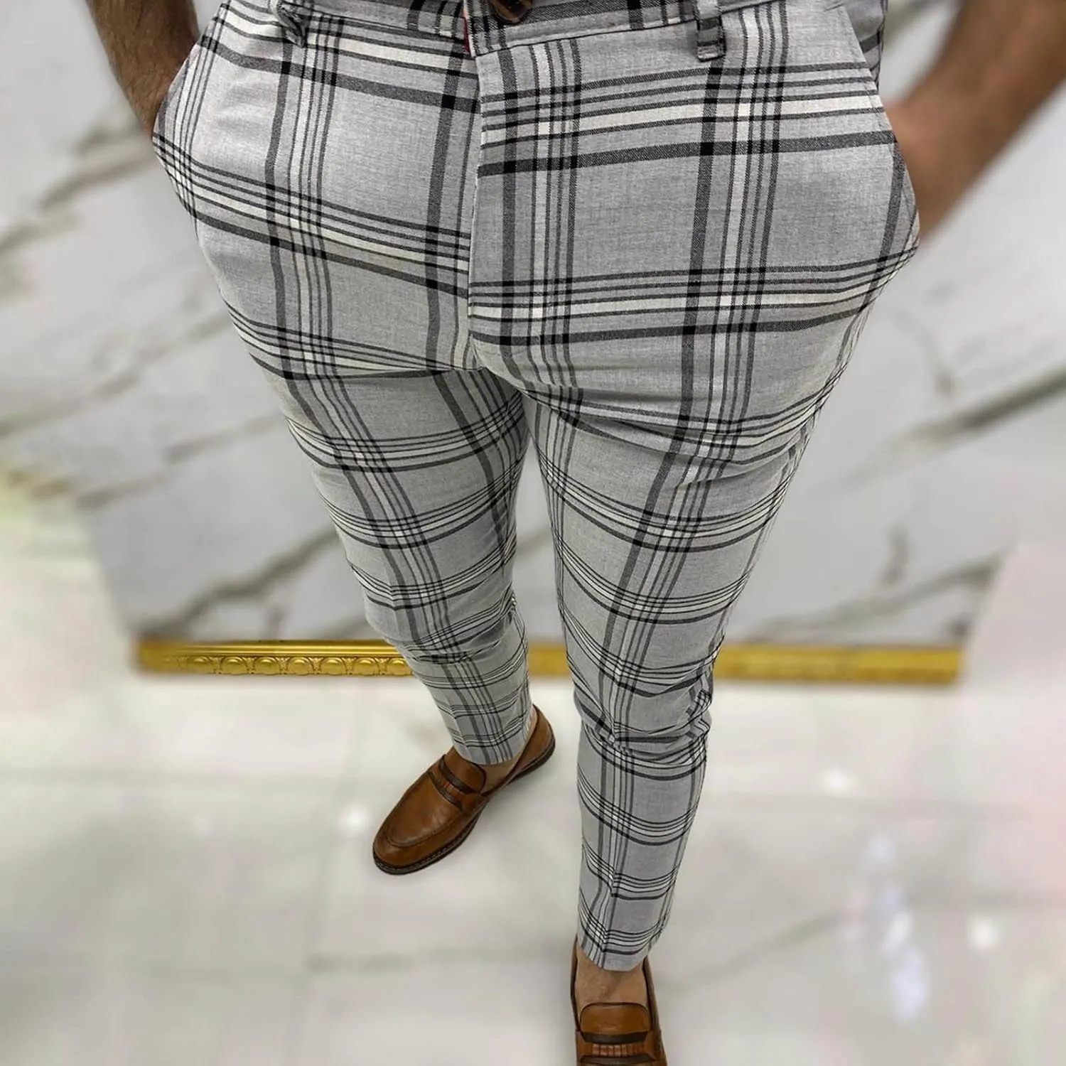 Mens Dress Pants Slim Fit Stretch Fashion Plaid Pant Skinny Leg Striped Button Work Pants Straight Casual Pants