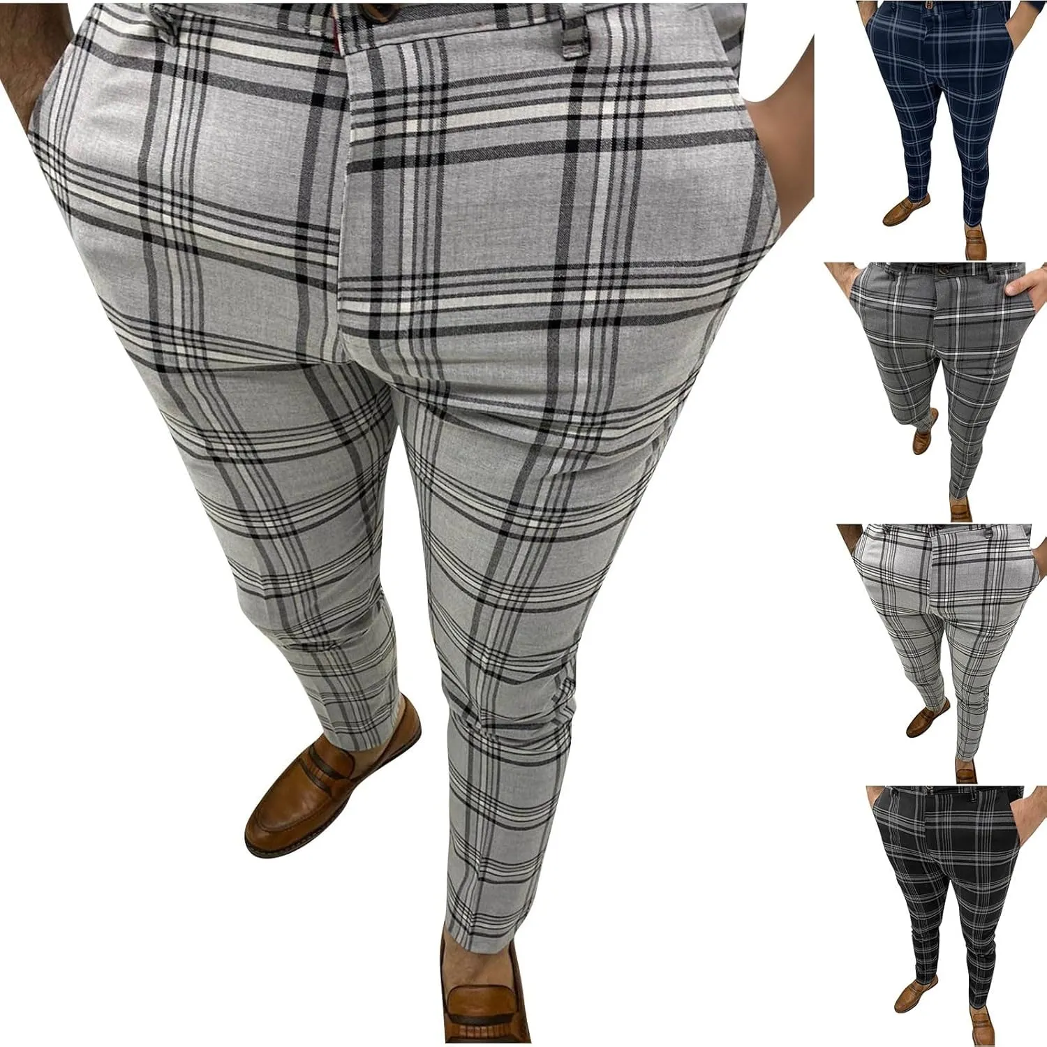 Mens Dress Pants Slim Fit Stretch Fashion Plaid Pant Skinny Leg Striped Button Work Pants Straight Casual Pants