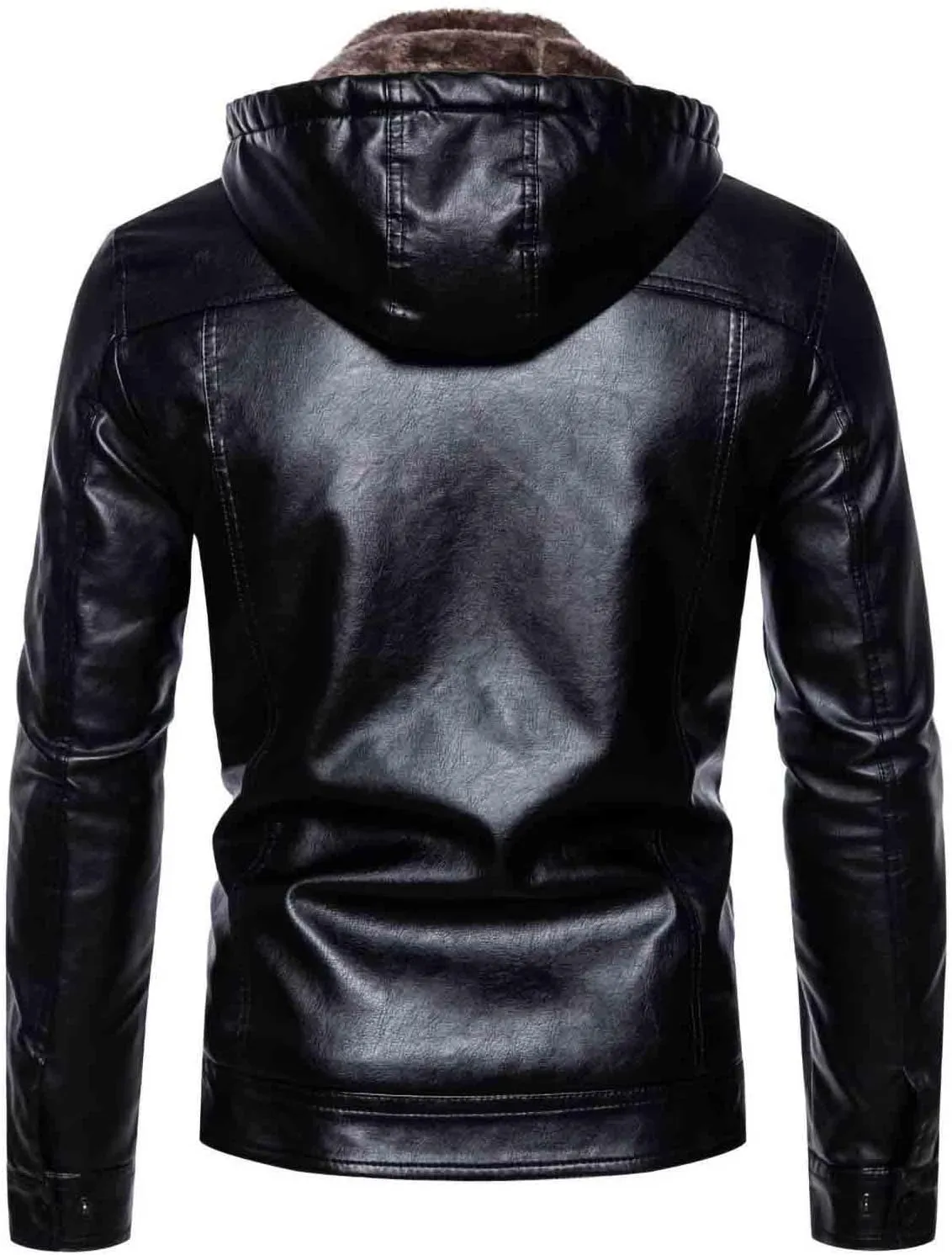 Men's Faux Leather Jacket Warm Fleece Lined Hooded Bomber Jacket Sherpa Causal Thicken Outdoor Biker Jacket Outerwear