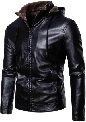 Men's Faux Leather Jacket Warm Fleece Lined Hooded Bomber Jacket Sherpa Causal Thicken Outdoor Biker Jacket Outerwear