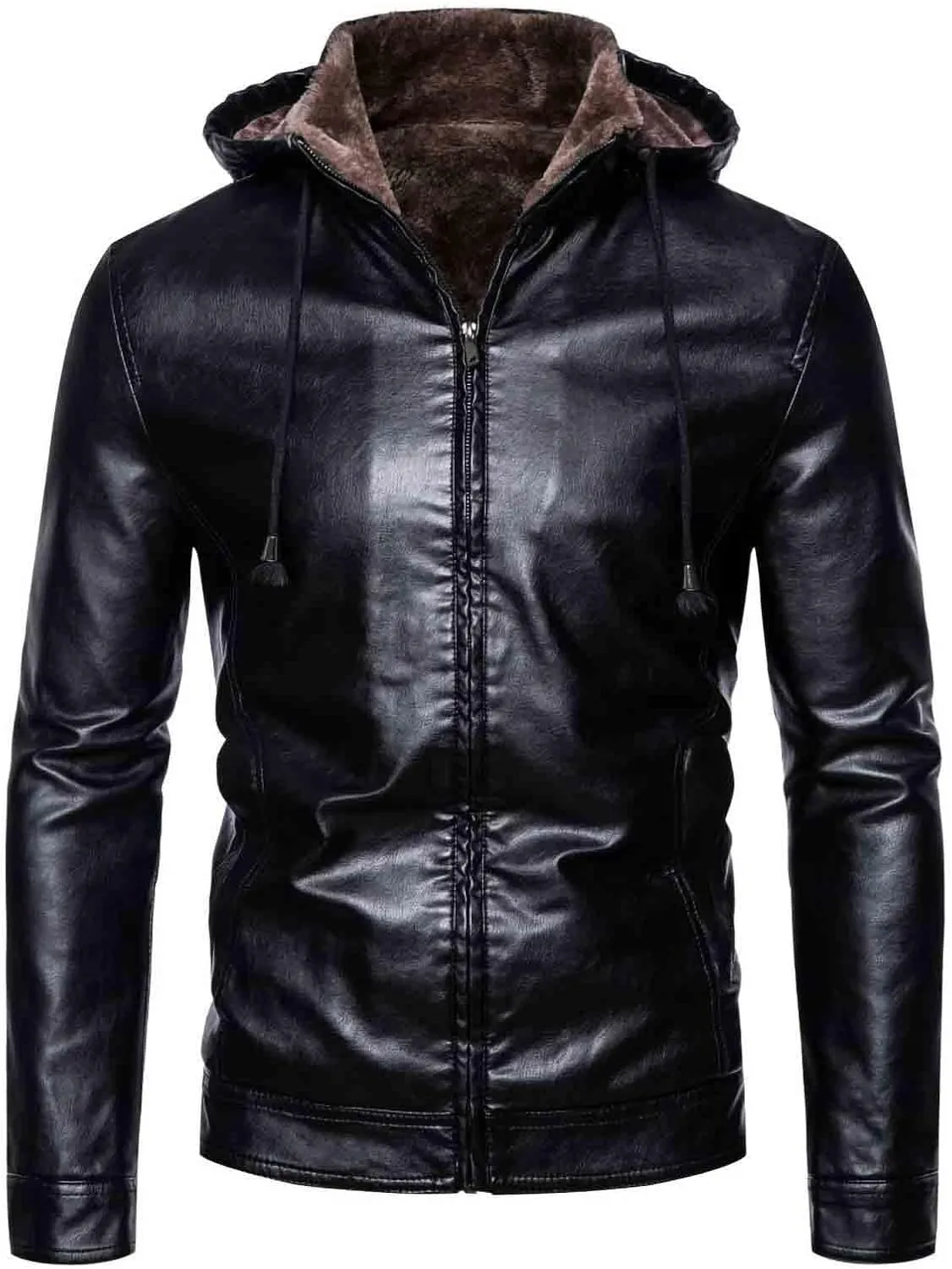 Men's Faux Leather Jacket Warm Fleece Lined Hooded Bomber Jacket Sherpa Causal Thicken Outdoor Biker Jacket Outerwear