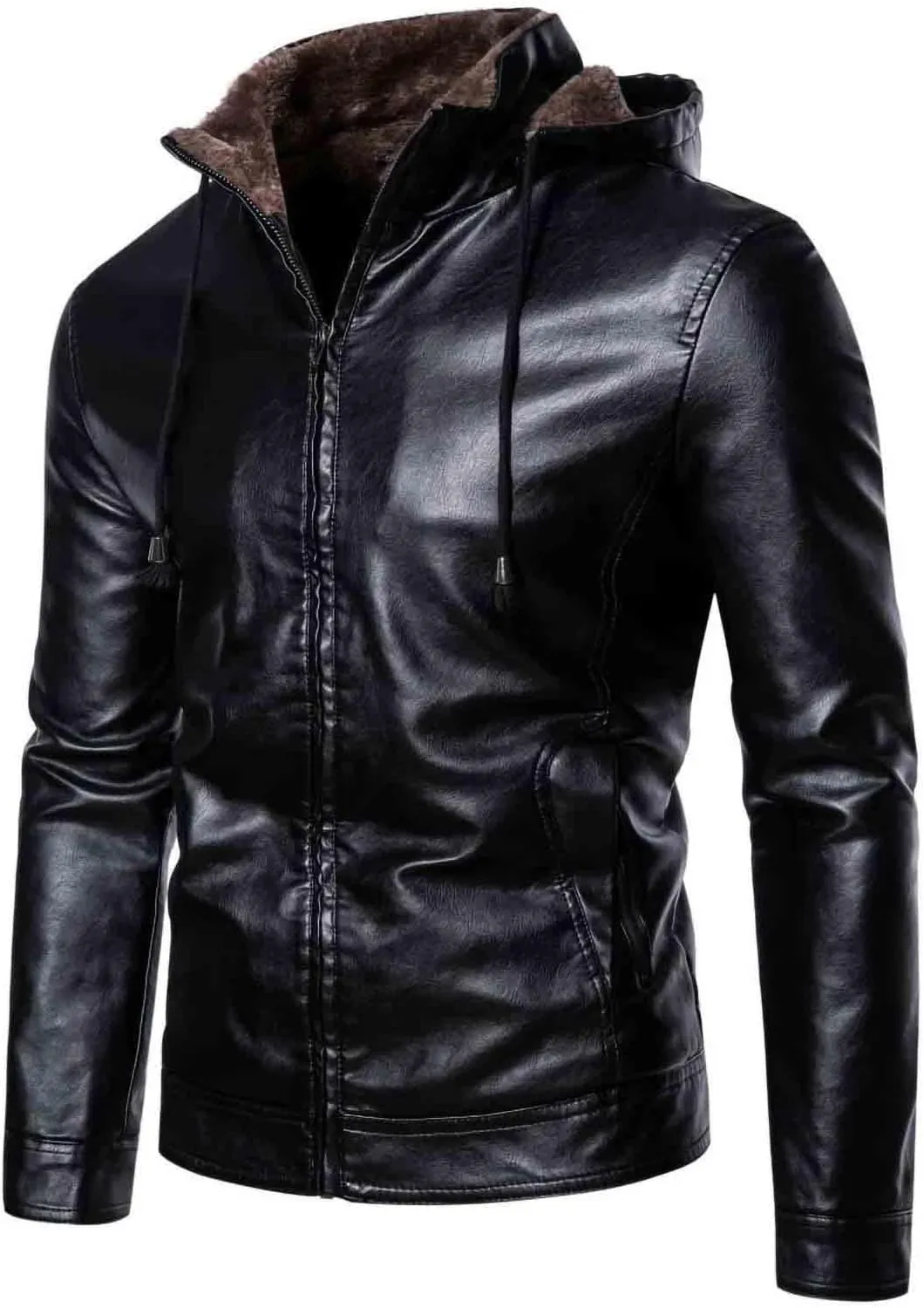 Men's Faux Leather Jacket Warm Fleece Lined Hooded Bomber Jacket Sherpa Causal Thicken Outdoor Biker Jacket Outerwear