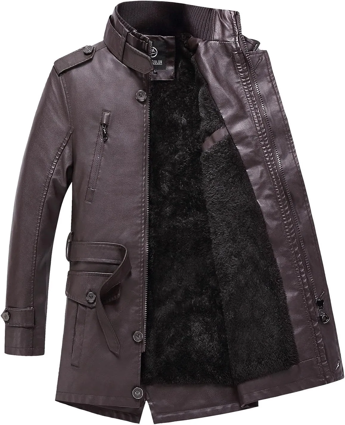 Mens Faux Pu Leather Trench Coat Sherpa Lined Warm Windproof Overcoat Motorcycle Zipper Bomber Jacket Coat Outwear