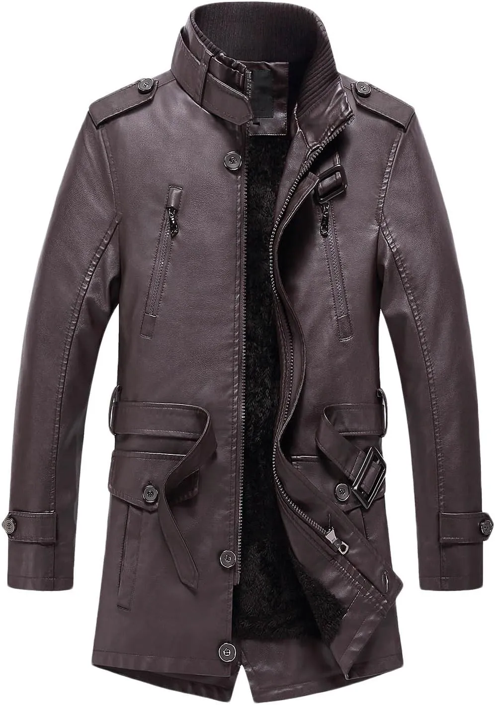 Mens Faux Pu Leather Trench Coat Sherpa Lined Warm Windproof Overcoat Motorcycle Zipper Bomber Jacket Coat Outwear