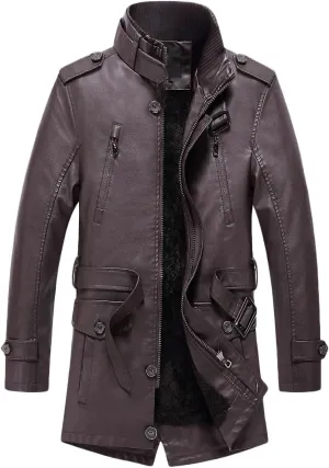 Mens Faux Pu Leather Trench Coat Sherpa Lined Warm Windproof Overcoat Motorcycle Zipper Bomber Jacket Coat Outwear