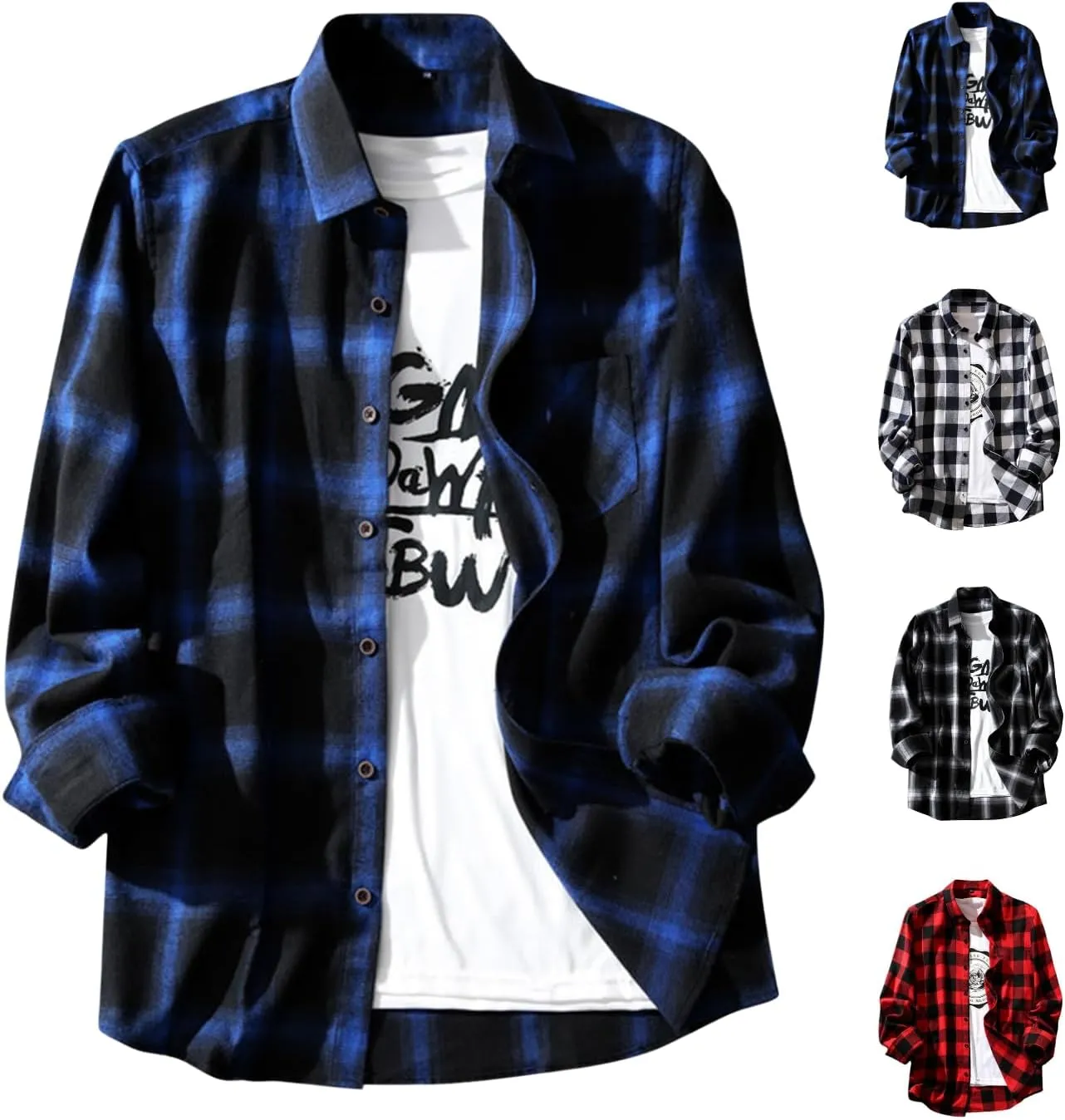 Mens Flannel Plaid Shirts Long Sleeve Casual Button Down Shirt Relaxed Fit Lightweight Pockets Gingham Shirt for Work