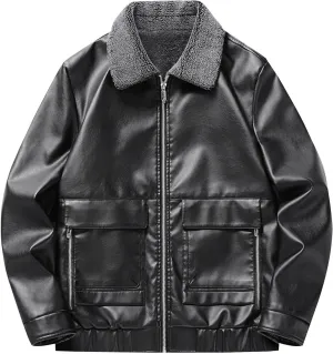 Men’s Fleece Lined Bomber Jacket Faux Leather Causal Autumn Winter Moto Coat Zipper Winter Warm Sherpa Outerwear