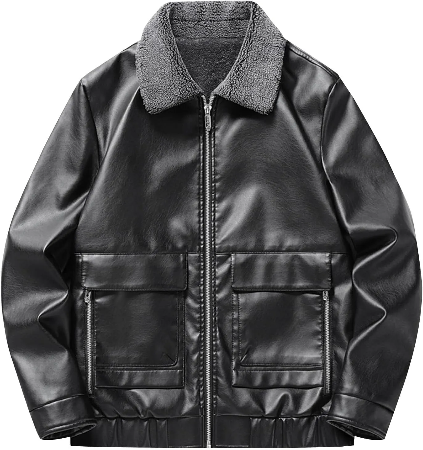 Men’s Fleece Lined Bomber Jacket Faux Leather Causal Autumn Winter Moto Coat Zipper Winter Warm Sherpa Outerwear