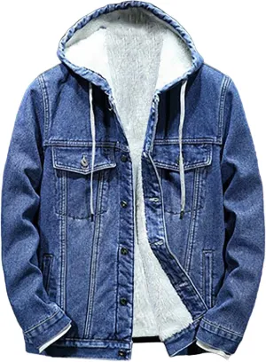Mens Fleece Lined Denim Hoodie Jacket Casual Button Down Winter Warm Hooded Cowboy Jean Jacket Thicken Trucker Coats