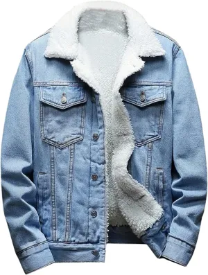 Mens Fleece Lined Denim Jackets Button Down Lapel Warm Winter Coat Casual Work Thick Sherpa Trucker Jean Cargo Jacket