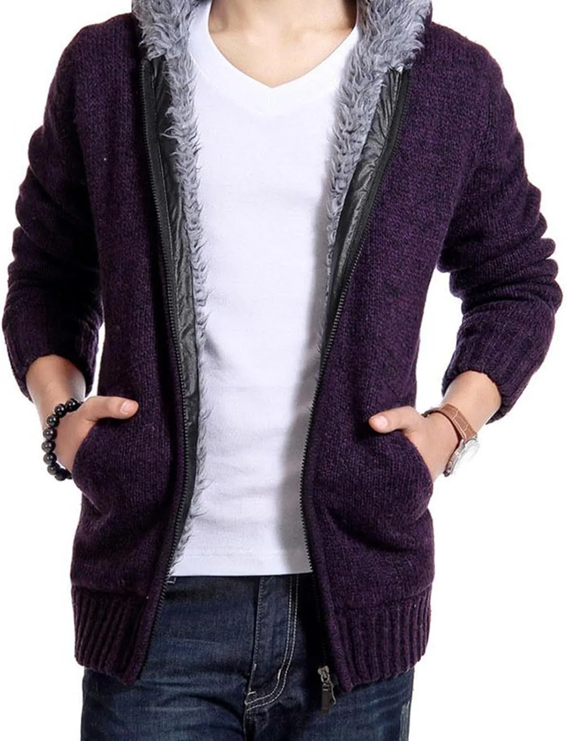 Men's Fleece Lined Hooded Sweater Jacket Coats Full Zip Winter Warm Knitted Jackets with Pockets