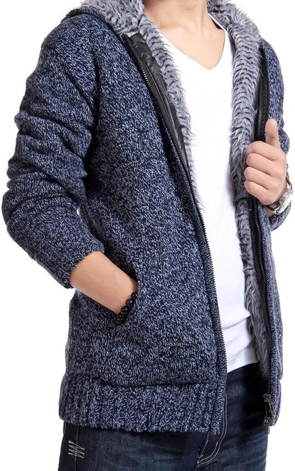 Men's Fleece Lined Hooded Sweater Jacket Coats Full Zip Winter Warm Knitted Jackets with Pockets