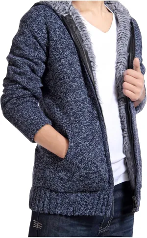 Men's Fleece Lined Hooded Sweater Jacket Coats Full Zip Winter Warm Knitted Jackets with Pockets