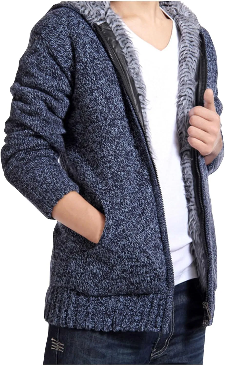 Men's Fleece Lined Hooded Sweater Jacket Coats Full Zip Winter Warm Knitted Jackets with Pockets