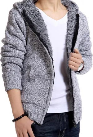 Men's Fleece Lined Hooded Sweater Jacket Coats Full Zip Winter Warm Knitted Jackets with Pockets