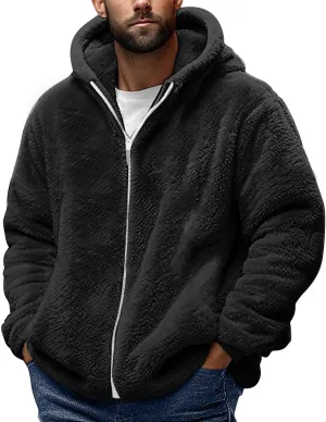 Men's Fuzzy Fleece Hoodie Jacket Zip Up Hooded Sweatshirts Sherpa Warm Winter Coats Tops with Pockets