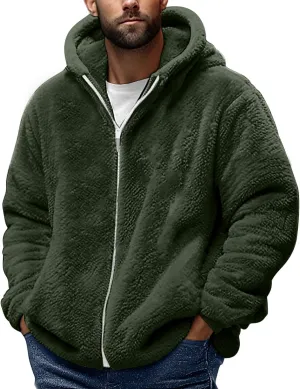 Men's Fuzzy Fleece Hoodie Jacket Zip Up Hooded Sweatshirts Sherpa Warm Winter Coats Tops with Pockets