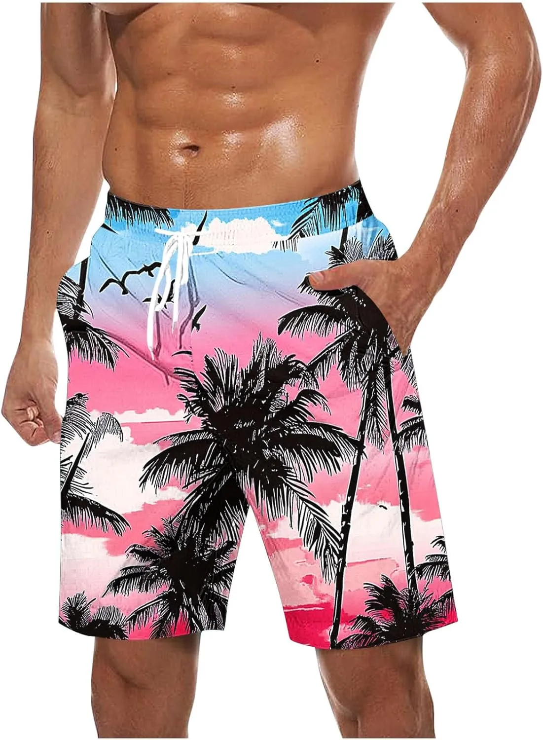 Men's Hawaiian Beach Shorts Elastic Waist Drawstring Stripe Print Shorts for Casual Swimmingshorts with Pockets