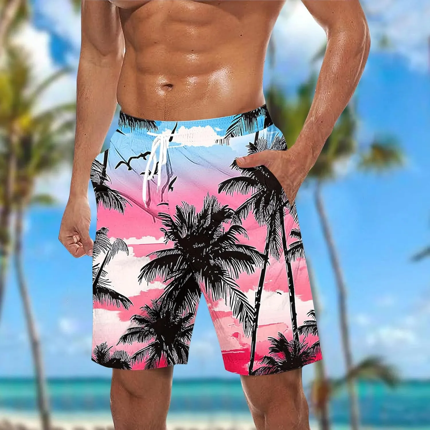 Men's Hawaiian Beach Shorts Elastic Waist Drawstring Stripe Print Shorts for Casual Swimmingshorts with Pockets