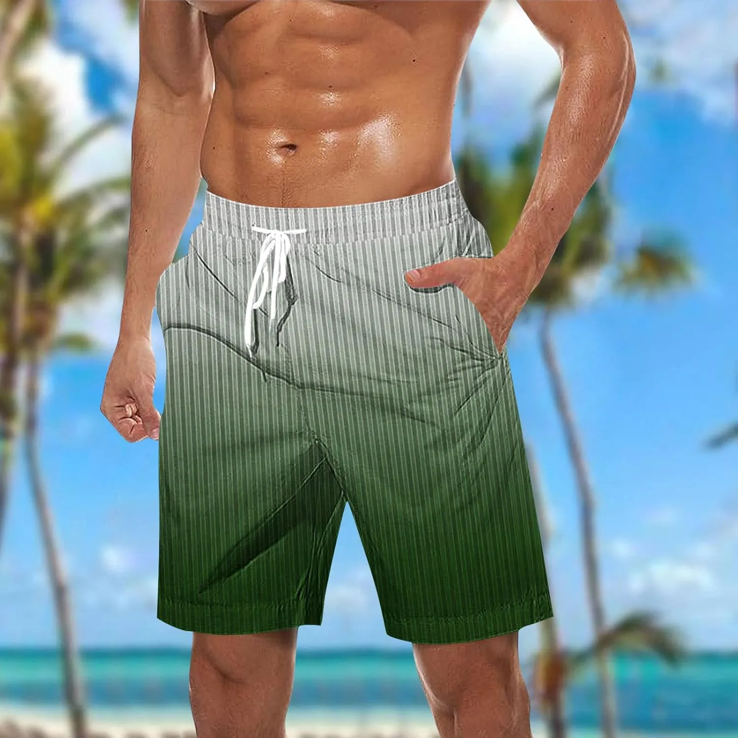 Men's Hawaiian Beach Shorts Elastic Waist Drawstring Stripe Print Shorts for Casual Swimmingshorts with Pockets