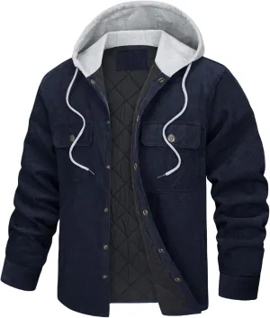 Mens Hoodies Jackets Corduroy Button down Loose Casual Stylish Coats Jackets Plain Clothes Multity Pockets