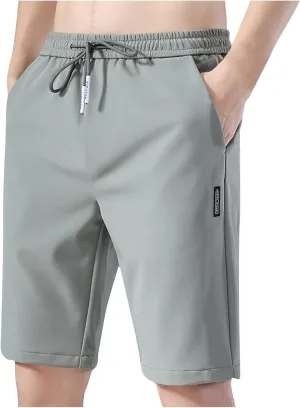 Mens Ice Silk Running Shorts Quick Dry Athletic Shorts Summer Casual Drawstring Sports Shorts with Pockets