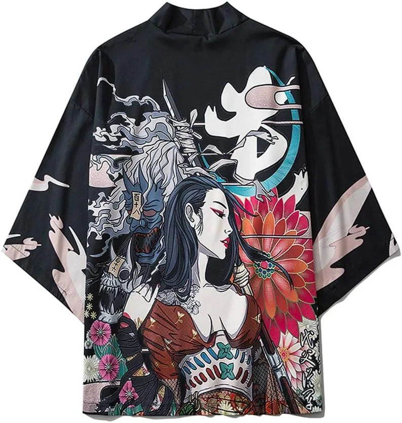Men's Japanese Kimono Cardigan Jacket Casual Seven Sleeve Open Front Coat Lightweight Novelty Printed Cloak Outwear