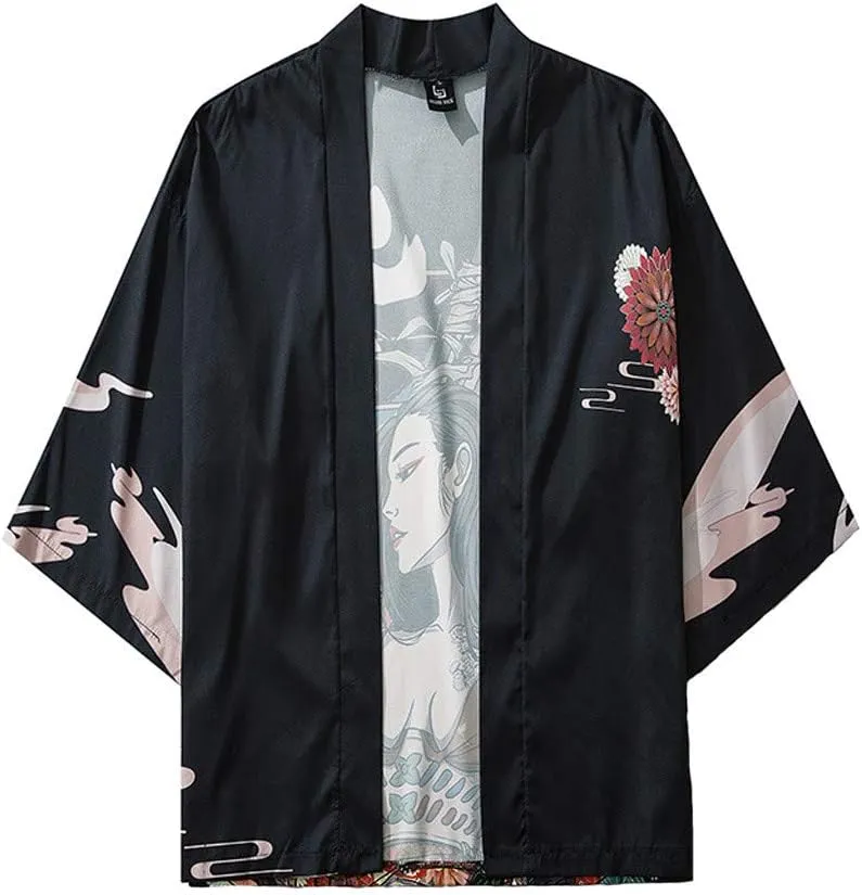 Men's Japanese Kimono Cardigan Jacket Casual Seven Sleeve Open Front Coat Lightweight Novelty Printed Cloak Outwear