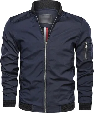 Men's Lightweight Baseball Bomber Jacket Full Zip Stand Collar Varsity Jackets Windproof Outdoor Windbreaker