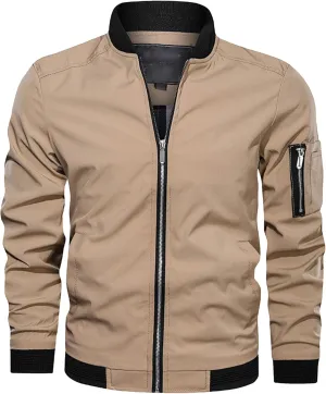 Men's Lightweight Baseball Bomber Jacket Full Zip Stand Collar Varsity Jackets Windproof Outdoor Windbreaker