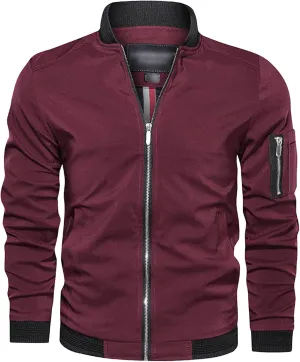 Men's Lightweight Baseball Bomber Jacket Full Zip Stand Collar Varsity Jackets Windproof Outdoor Windbreaker