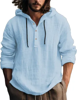 Mens Linen Shirt Long Sleeve Casual Beach Hoodie Button Up Lightweight Summer V Neck Hooded Guayabera Hippie Tshirt