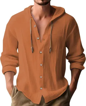 Mens Linen Shirt Long Sleeve Casual Beach Hoodie Button Up Lightweight Summer V Neck Hooded Guayabera Hippie Tshirt