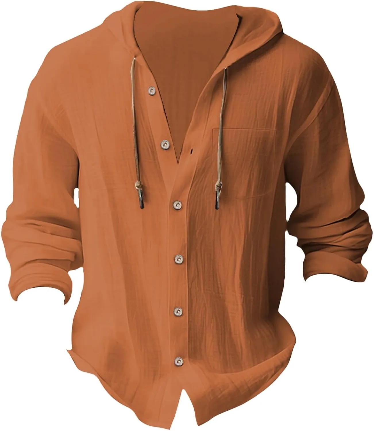 Mens Linen Shirt Long Sleeve Casual Beach Hoodie Button Up Lightweight Summer V Neck Hooded Guayabera Hippie Tshirt