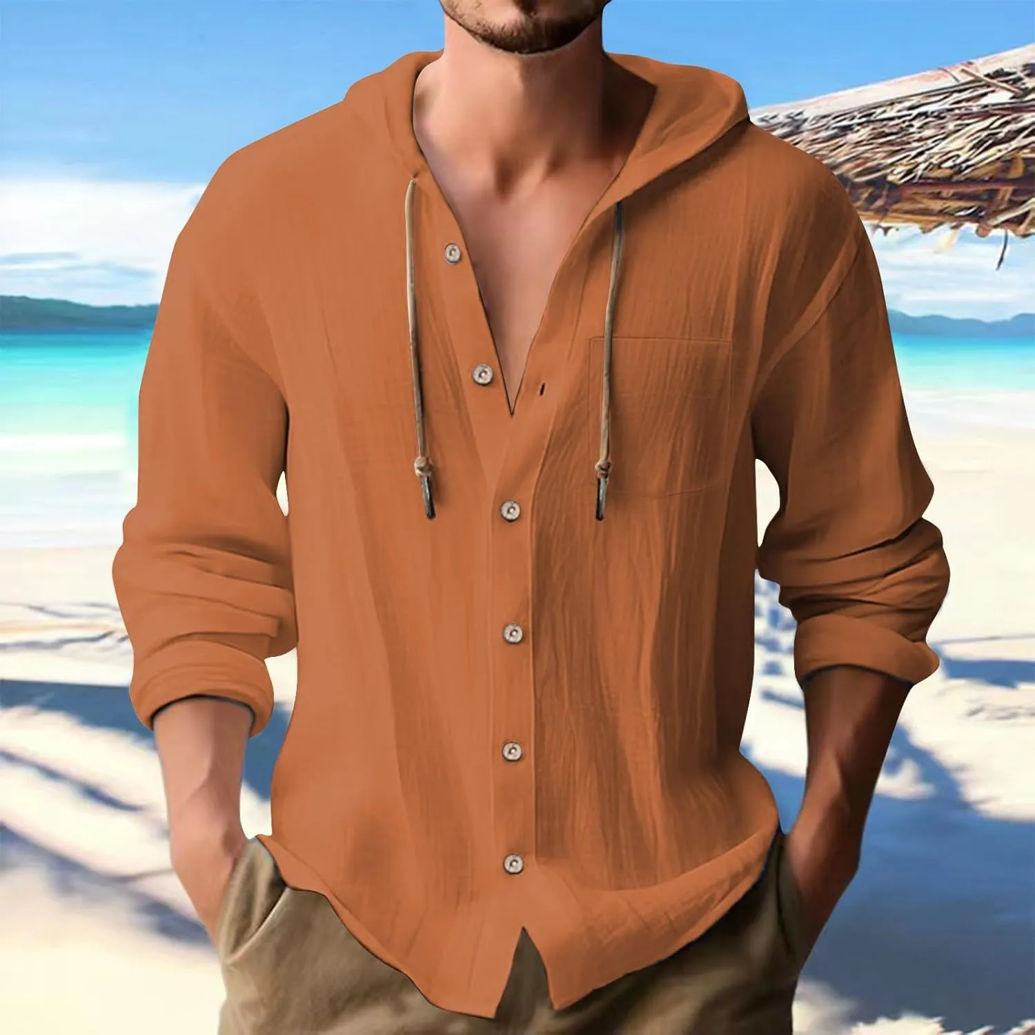 Mens Linen Shirt Long Sleeve Casual Beach Hoodie Button Up Lightweight Summer V Neck Hooded Guayabera Hippie Tshirt