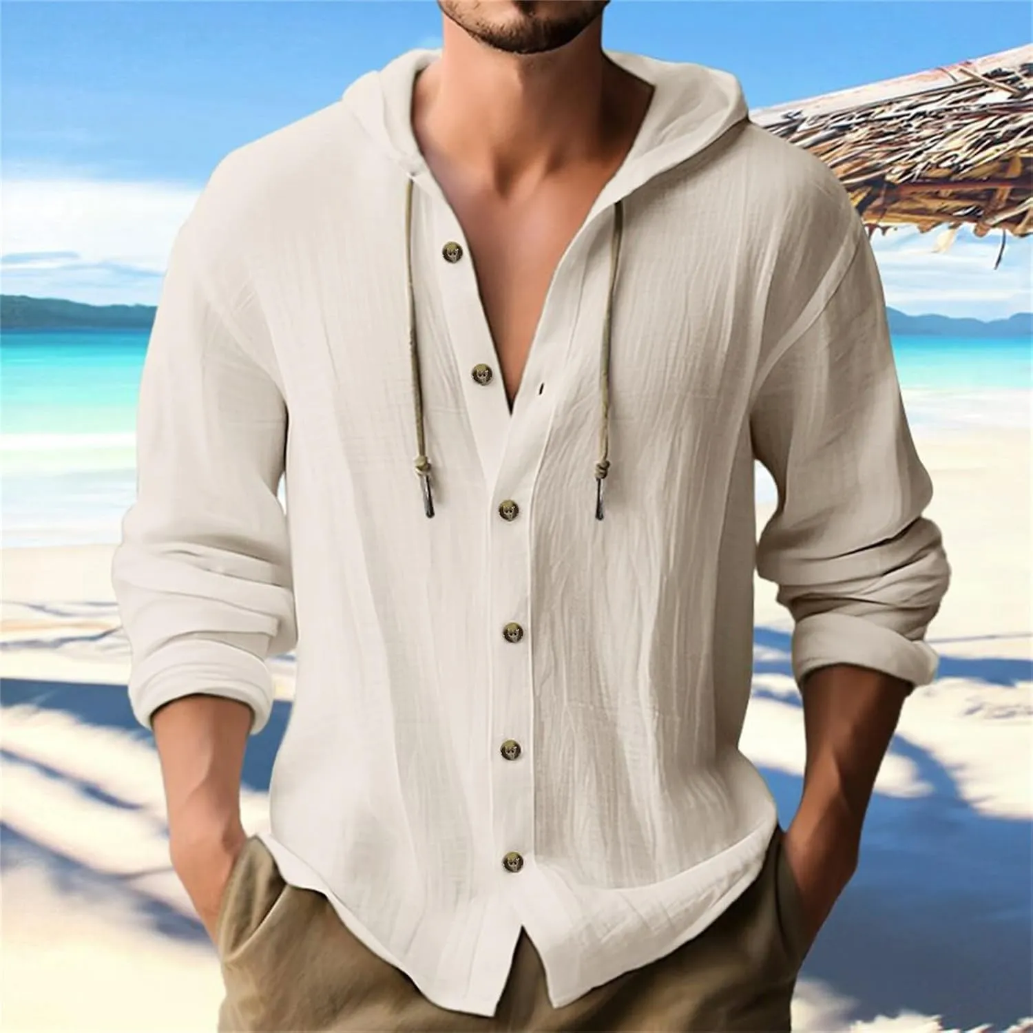 Mens Linen Shirt Long Sleeve Summer Casual Loose Big and Tall Beach Button Down Hoodies Cotton Vacation Outfits Tops