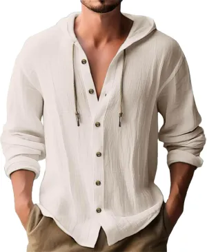 Mens Linen Shirt Long Sleeve Summer Casual Loose Big and Tall Beach Button Down Hoodies Cotton Vacation Outfits Tops