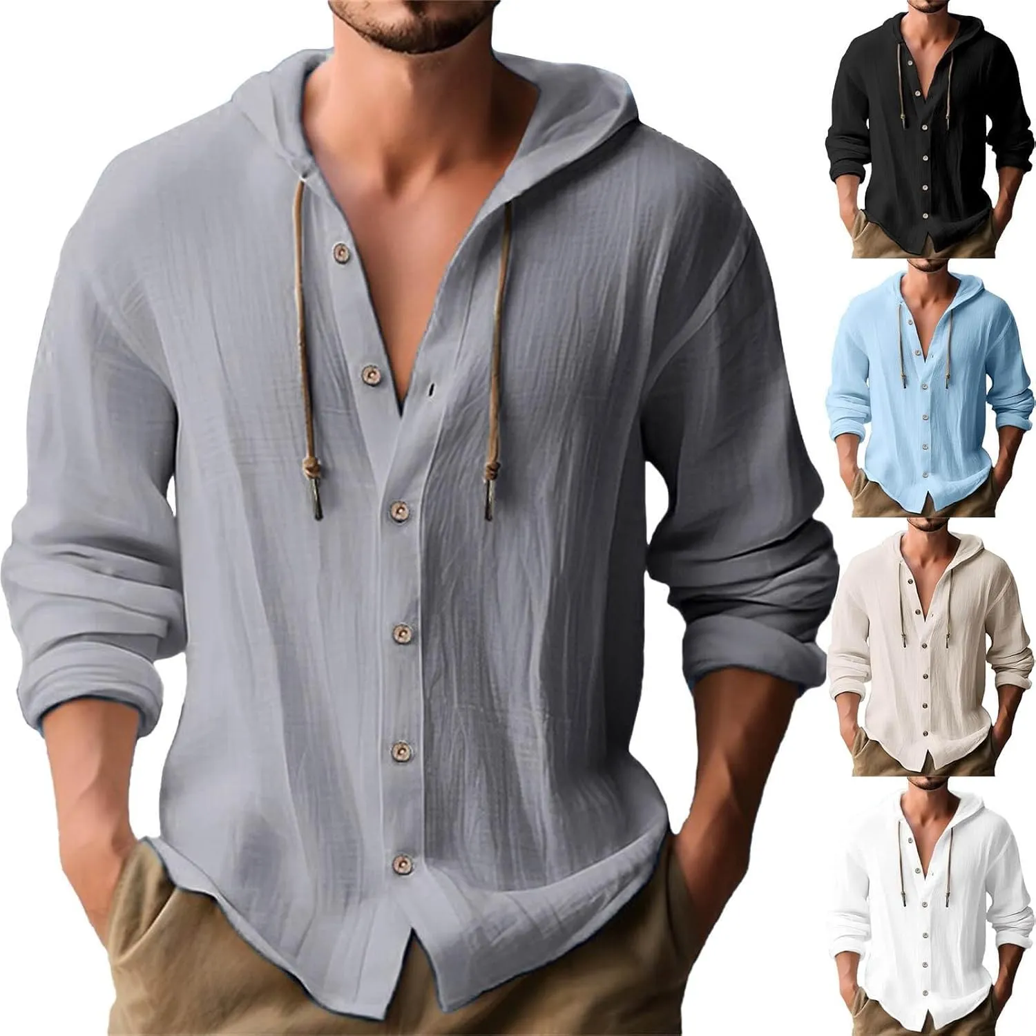 Mens Linen Shirt Long Sleeve Summer Casual Loose Big and Tall Beach Button Down Hoodies Cotton Vacation Outfits Tops