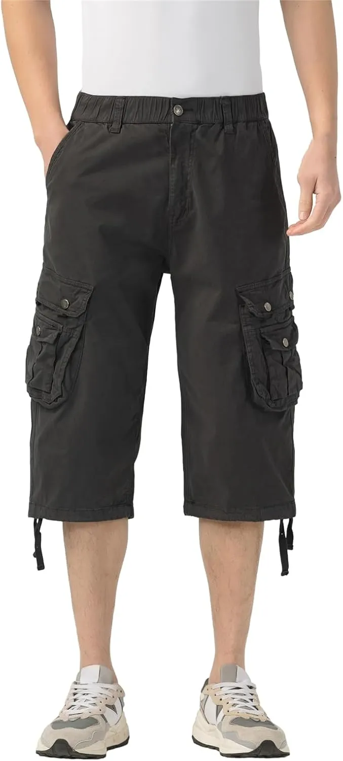 Mens Long Cargo Shorts Elastic Waist Stretch Twill Cotton 3/4 Multi Pockets Below Knee Cargo Shorts for Men