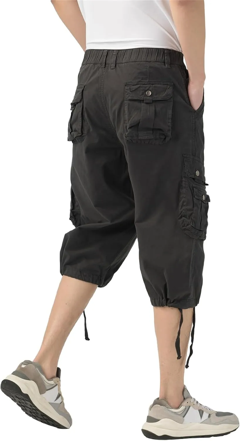Mens Long Cargo Shorts Elastic Waist Stretch Twill Cotton 3/4 Multi Pockets Below Knee Cargo Shorts for Men