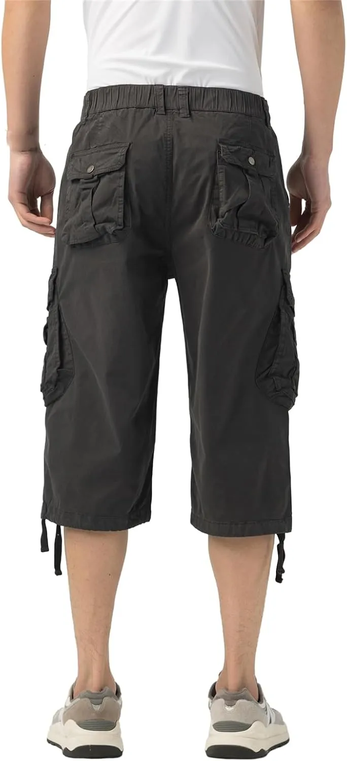 Mens Long Cargo Shorts Elastic Waist Stretch Twill Cotton 3/4 Multi Pockets Below Knee Cargo Shorts for Men