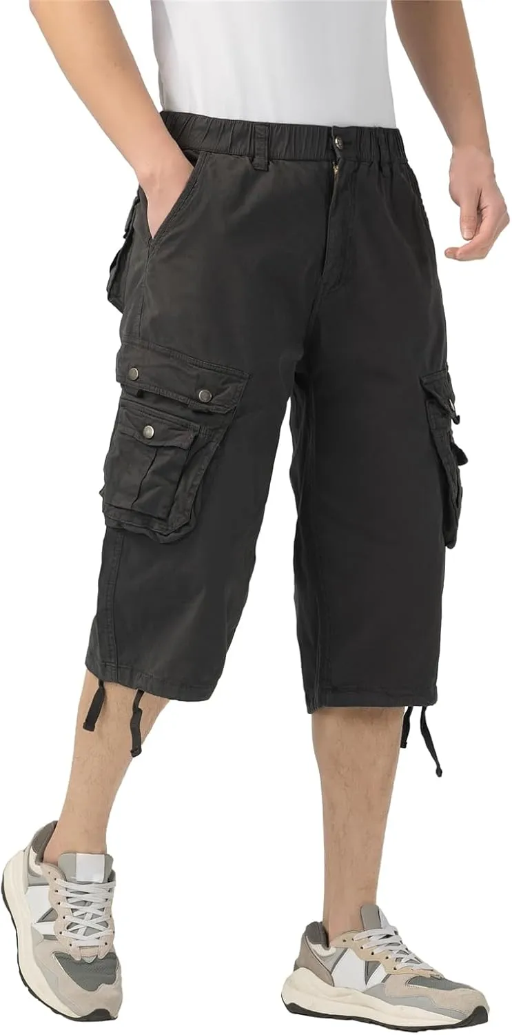 Mens Long Cargo Shorts Elastic Waist Stretch Twill Cotton 3/4 Multi Pockets Below Knee Cargo Shorts for Men