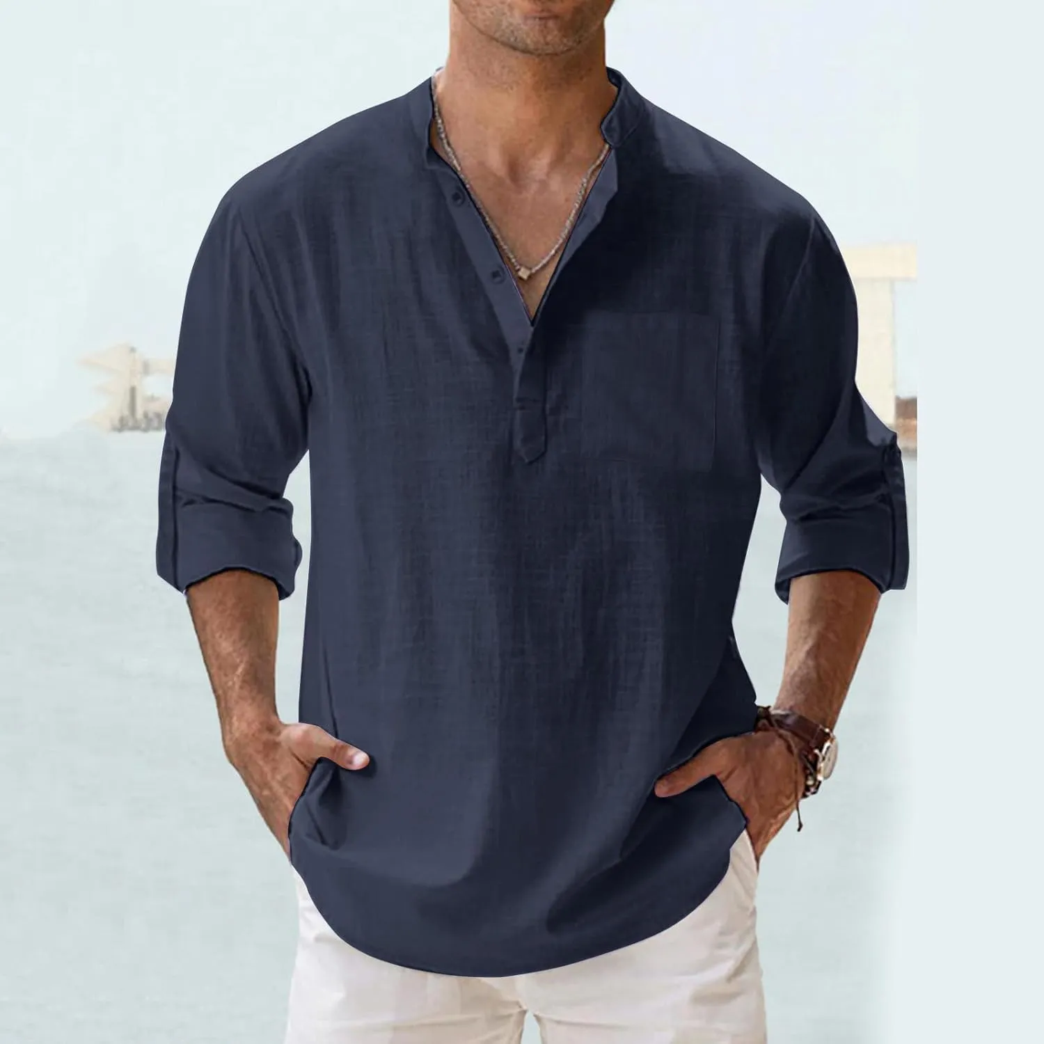 Men's Long Sleeve Shirt Linen Roll Up Cotton Beach Casual Shirts Henley T-Shirt Band Collar Vacation Tops with Pocket