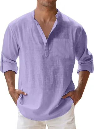 Men's Long Sleeve Shirt Linen Roll Up Cotton Beach Casual Shirts Henley T-Shirt Band Collar Vacation Tops with Pocket