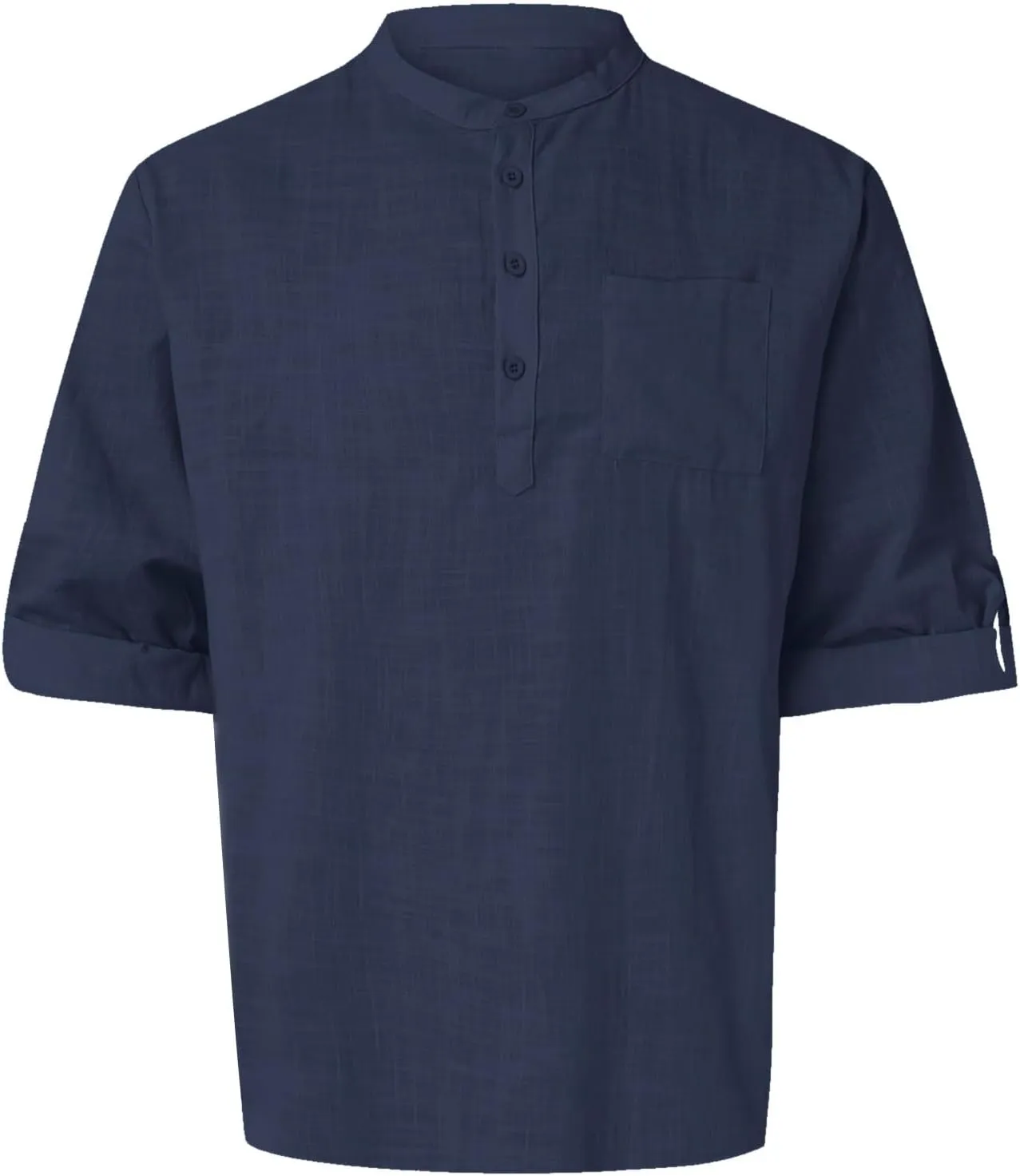 Men's Long Sleeve Shirt Linen Roll Up Cotton Beach Casual Shirts Henley T-Shirt Band Collar Vacation Tops with Pocket